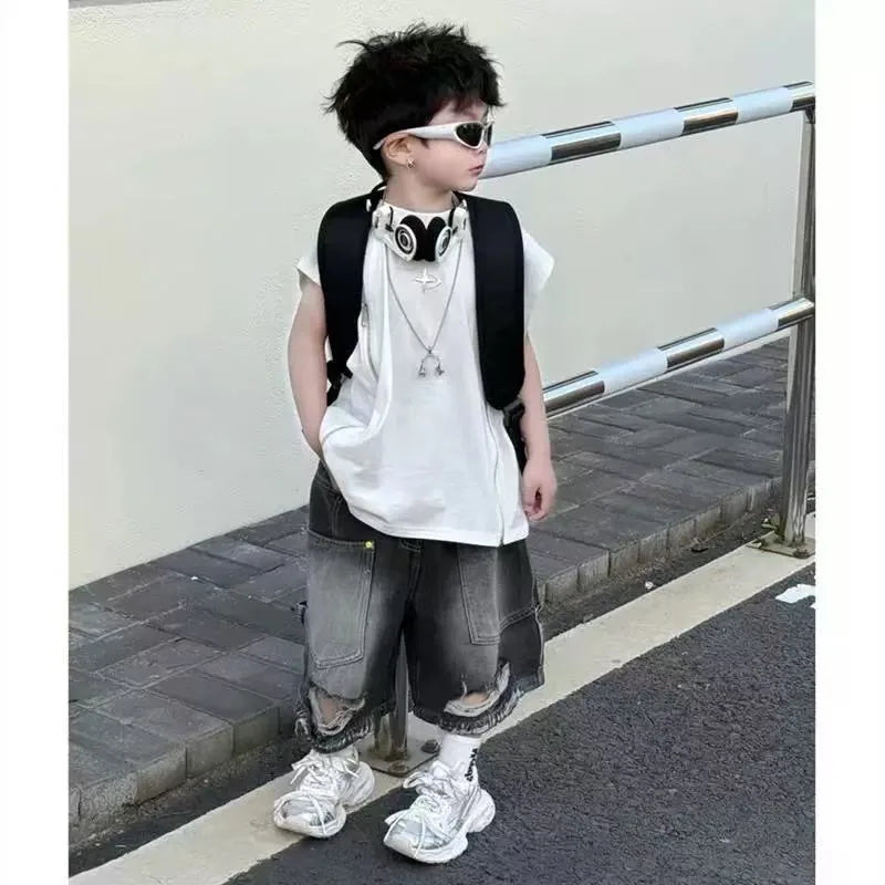 Boy Handsome Korean Version Sleeveless Vest + Retro Ripped Denim Shorts Two-piece Set Children's Casual Loose Set
