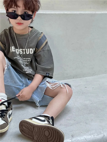Pure Cotton Children's Short Sleeved Simple Trendy Letters Faded and Worn Half Sleeved T-shirts Boys Girls Stylish