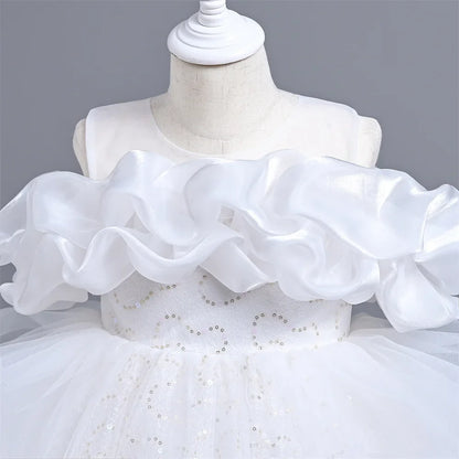 New Girl's Wedding Evening Dress Petal Sequin Mesh Sleeveless Dress Birthday Party School Graduation Party Dress