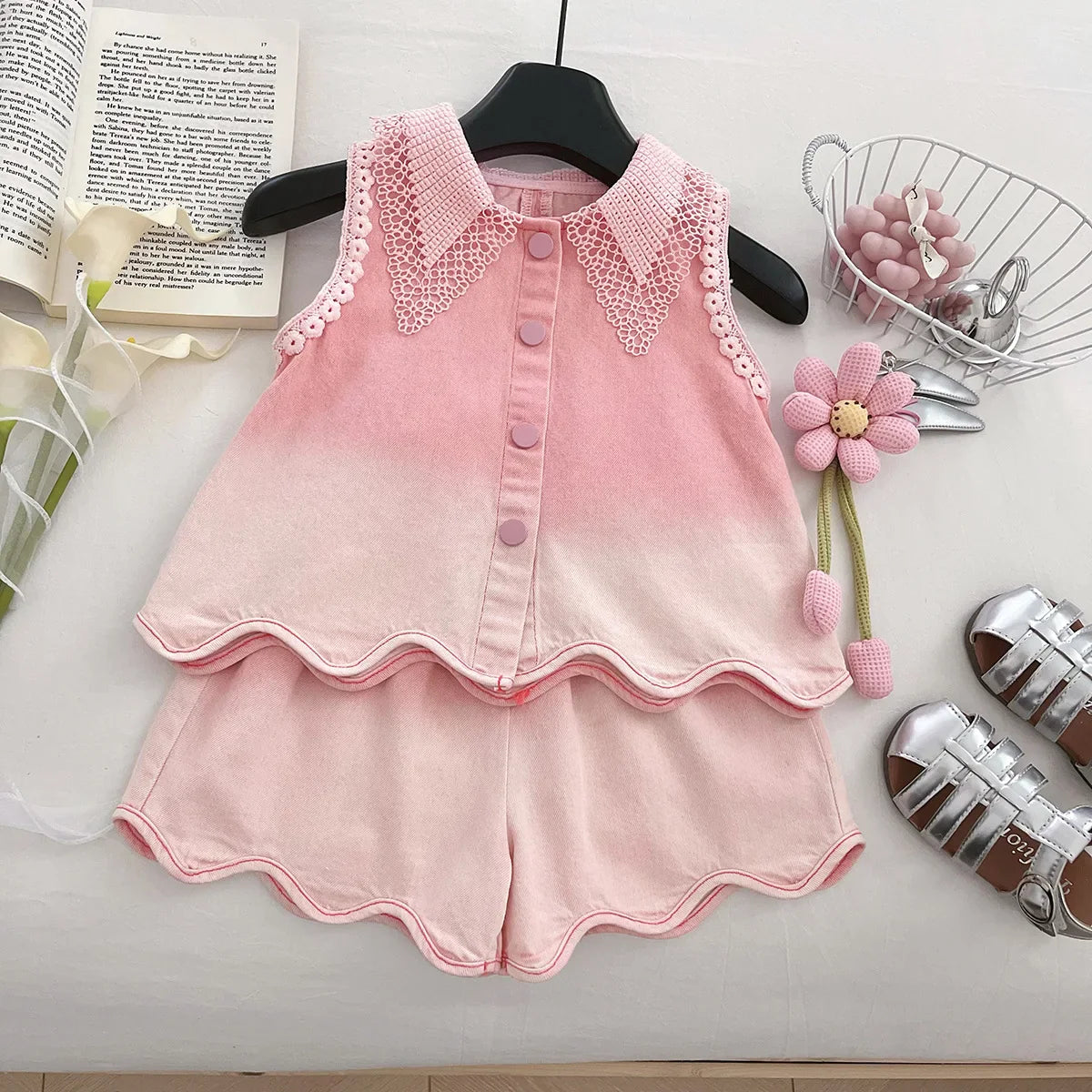 Baby Girls' Denim Suit Summer New Lace Vest Top Shorts Pants Casual and Fashion Kids Outwear Two-piece Set