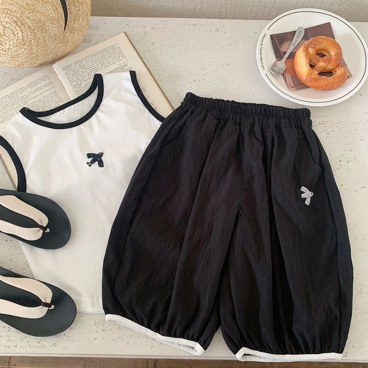 Baby Boys Summer Vest Sets Bird Embroidery Top+Elastic Waist Short Kids Boys Two-piece Suit Loose Thin Toddler Boys Sport Sets