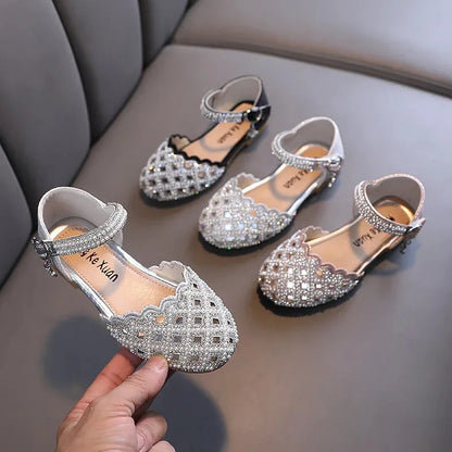 Children Spring Summer Korean Version Dance Shoes Girls Pearl Show Shoes Girl Rhinestone Princess Lace Leather Shoes Solid Color