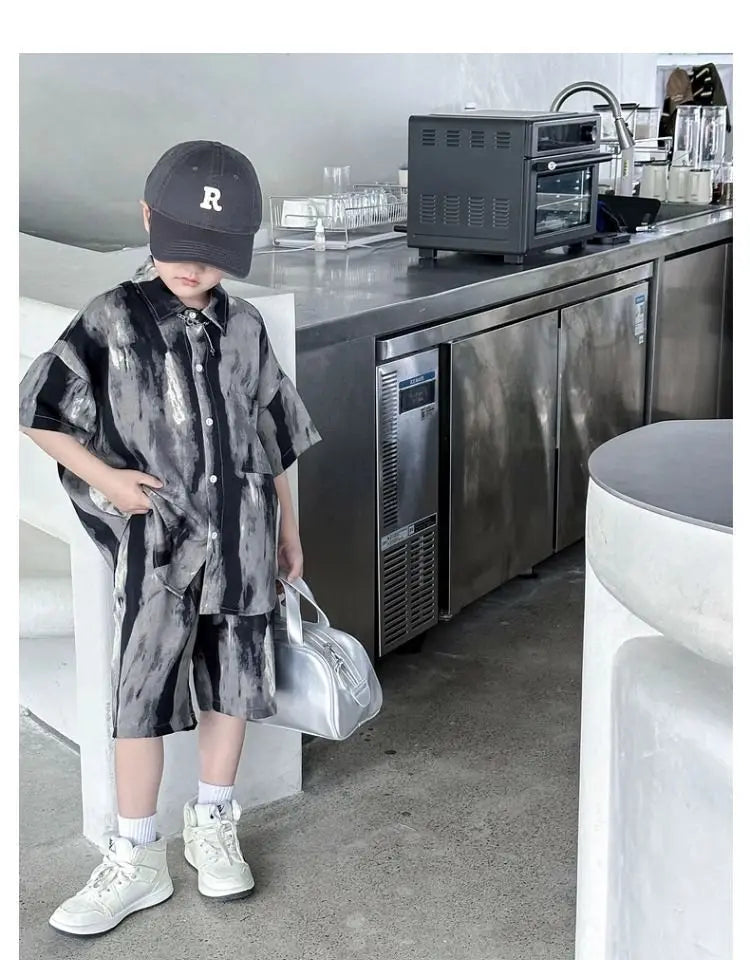 Boys Fashion Summer Tye-die Short Sleeve Shirts+Pants 2pcs Suits Years Kids Trend Streetwear Oufits Sets Children Clothing