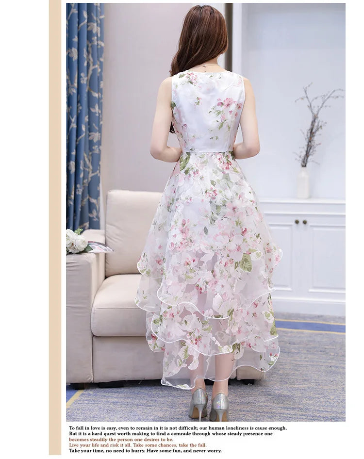 Summer High Low Retro Dress Vintage Women Sleeveless Front Back Short Long Organza Lace Dress Ladies Elegant Party Dress  (Available)