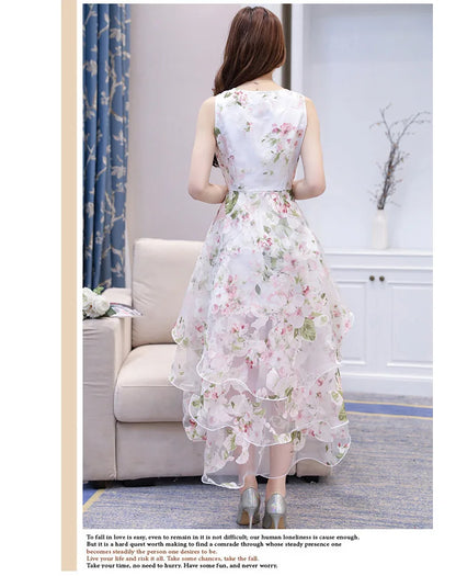 Summer High Low Retro Dress Vintage Women Sleeveless Front Back Short Long Organza Lace Dress Ladies Elegant Party Dress  (Available)