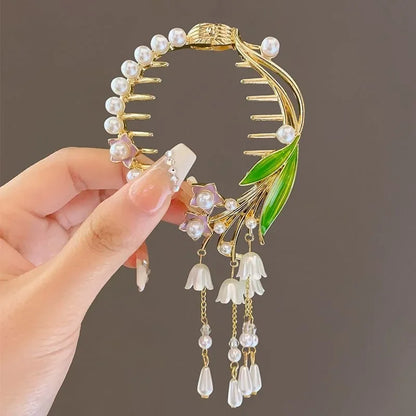 Ladies Butterfly Rhinestone Pearl Metal Hair Claw Round Bun Ponytail Holder