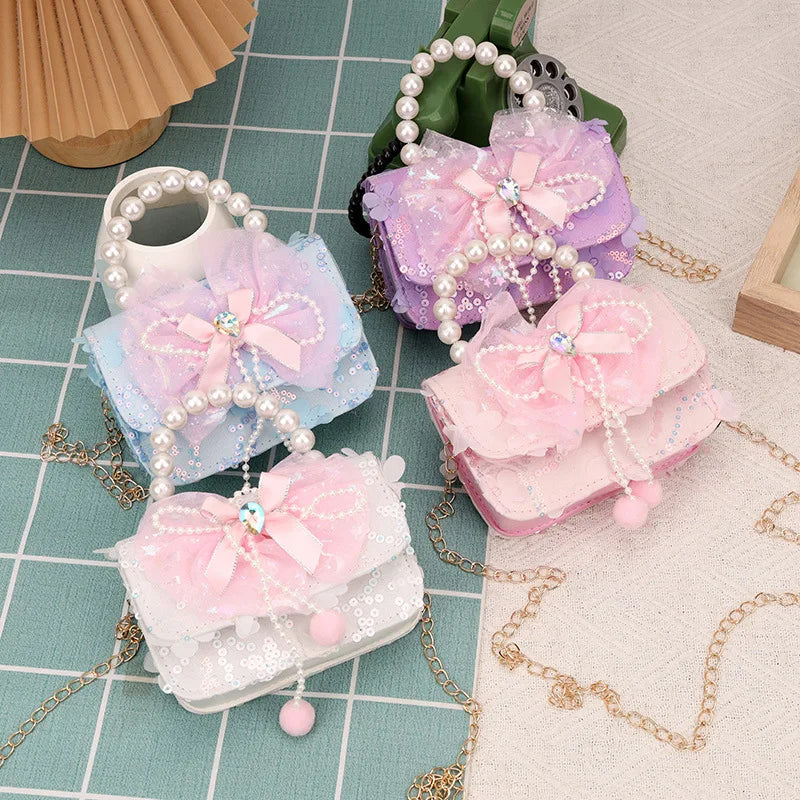 Cute Sequin Bow Kids Mini Square Shoulder Bags Versatile Children Chain Crossbody Bag Lace Girls Pearl Handbags Clutch Purse