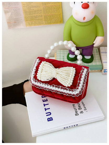 Sweet Bow Children's Small Square Shoulder Bag Sequin Lace Princess Girls Crossbody Bags Pearl Handle Coin Purse Handbags Gifts