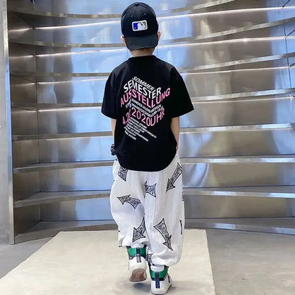 Children's Summer Set Korean Version Boy Hip Hop Loose Short Sleeve T-shirt Casual Mosquito Pants 2-piece Set