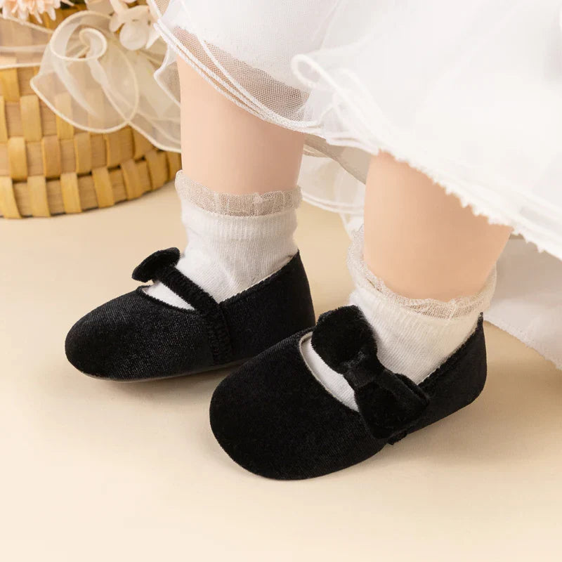 Newborn Baby Girls Mary Jane Flats Cute Bowknot Velvet Toddler Dress Shoes Lovely Princess Infant Crib Shoes for 0-18Months