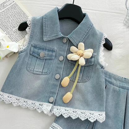 New Baby Girl Summer Denim Set, Children's Lace Splicing Top and Skirt Set