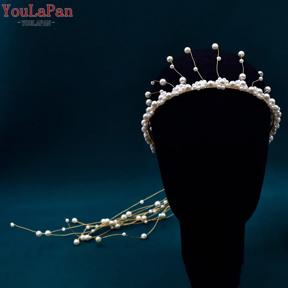 YouLaPan Pearls Tiara Wedding Headwear Handmade Beaded Tassels Headband for Bridal Woman Dress Jewelry Accessories HP610
