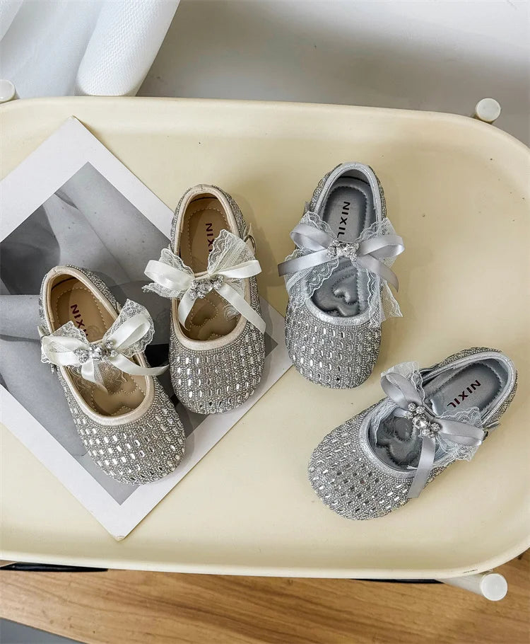 Children Shoes For Girls Leather Bow Rhinestone Princess Shoes Soft Sole Outdoor Fashion Kids Sneakers EU 26-33