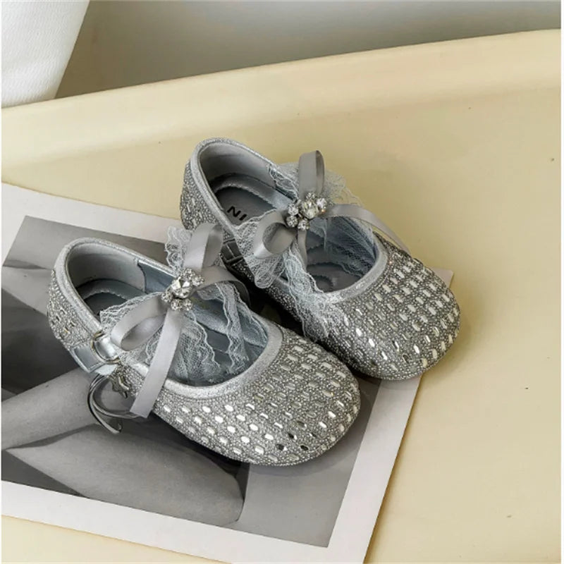 Children Shoes For Girls Leather Bow Rhinestone Princess Shoes Soft Sole Outdoor Fashion Kids Sneakers EU 26-33