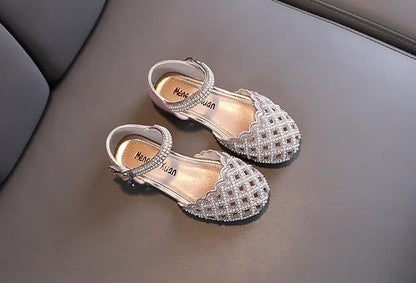 Children Spring Summer Korean Version Dance Shoes Girls Pearl Show Shoes Girl Rhinestone Princess Lace Leather Shoes Solid Color