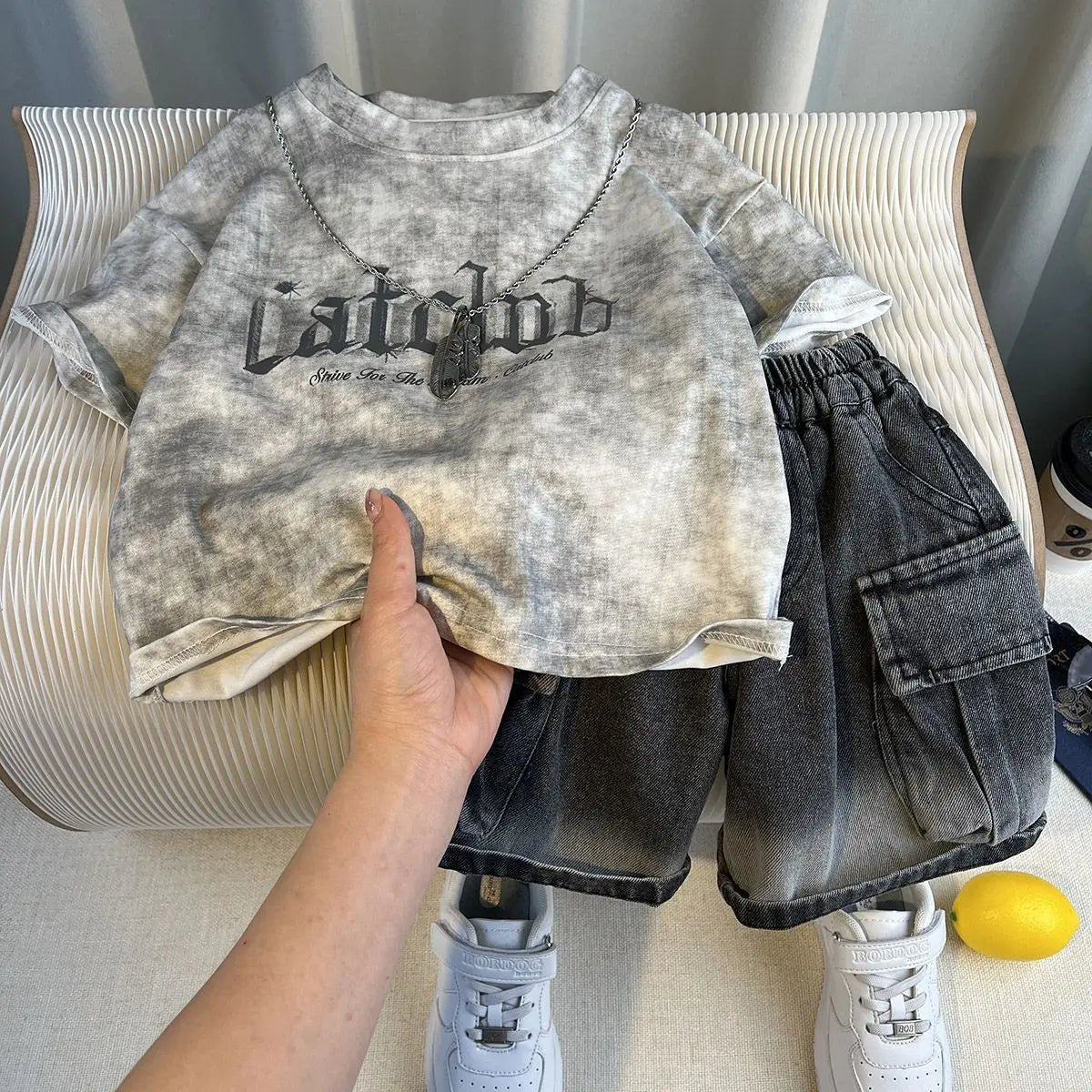 New Boys Fashion Summer Cotton Letter Printing T-shirts+Graffiti Denim Shorts 2pcs Set Kids Korean Outfits Sets Children Clothes
