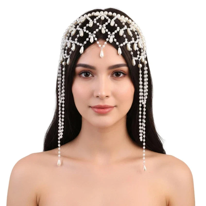 Handmade Imitation Pearls Bridal Hair Chain Elegant Wedding Headpiece Comfortable Headbands For Bride