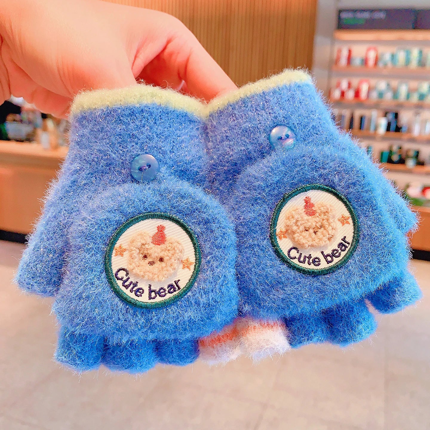 Winter Plush Knitted Cartoon Rabbit Flexible Flip-top Gloves Thicken Warm Cute Gloves For Baby Girls Half Finger Children Gloves