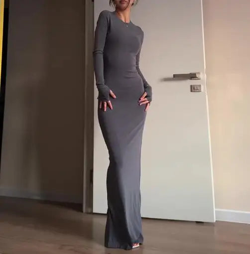 Womens Dresses  Spring Autumn New Fashion Sexy Skinny Hip Hugging Comfortable Solid Color Casual Round Neck Long Dress