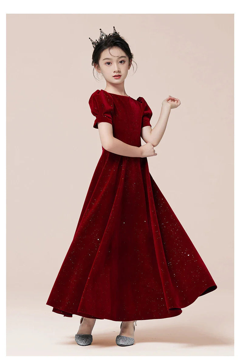 Kids Party Dress Clothing For Birthday Princess  Wine Red Piano Wedding Flower Girl Host Children's Formal Dress