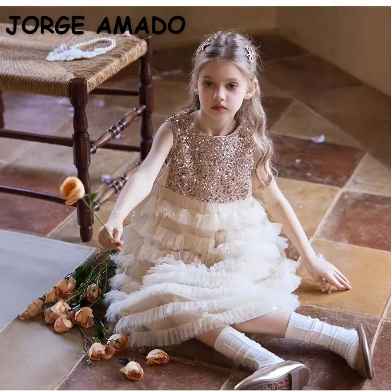 New Summer Party Dress for Kids Girls Sequined Sleeveless Mesh Cake Princess Dress Fashionable and Comfortable Skirt S4016