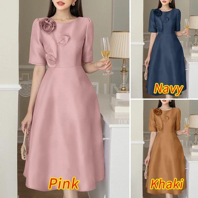 Woman Party Dresses Shiny Satin Round Neck Short Sleeve Fabric Flower A-line Robes Femme Fashion Midi Vestidos
