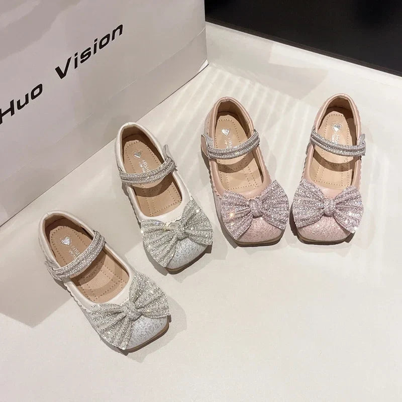 Children's Leather Shoes Bling Sequins Bowknot Princess Shoes for Girls Sweet Chic Kids Causal Wedding Shallow Versatile