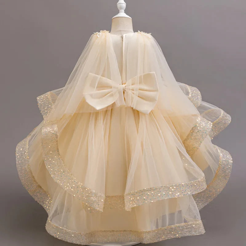 New girl party dress elegant flower girl trailing dress sequined chiffon Easter girls' clothing 3-10 years old holiday dress