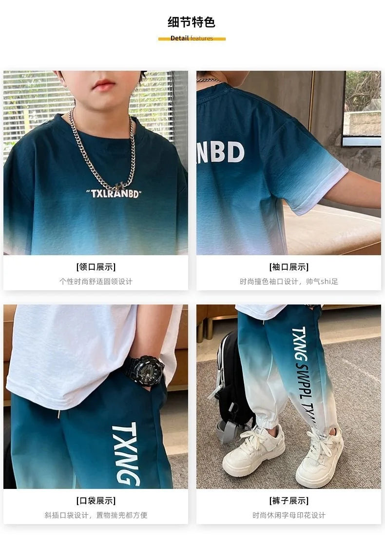 Summer teenager Boys Sports Suit Letter T Shirt + hip hop shorts Pants Kids Clothes Tracksuit 4 5 6 7 8 9 10 11 12 Years