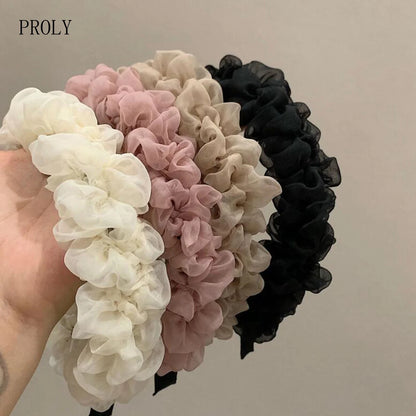 Fashion Women Headband Wide Side Mesh Flower Hairband Pleated Turban Casual Soft Headwear Hair Accessories