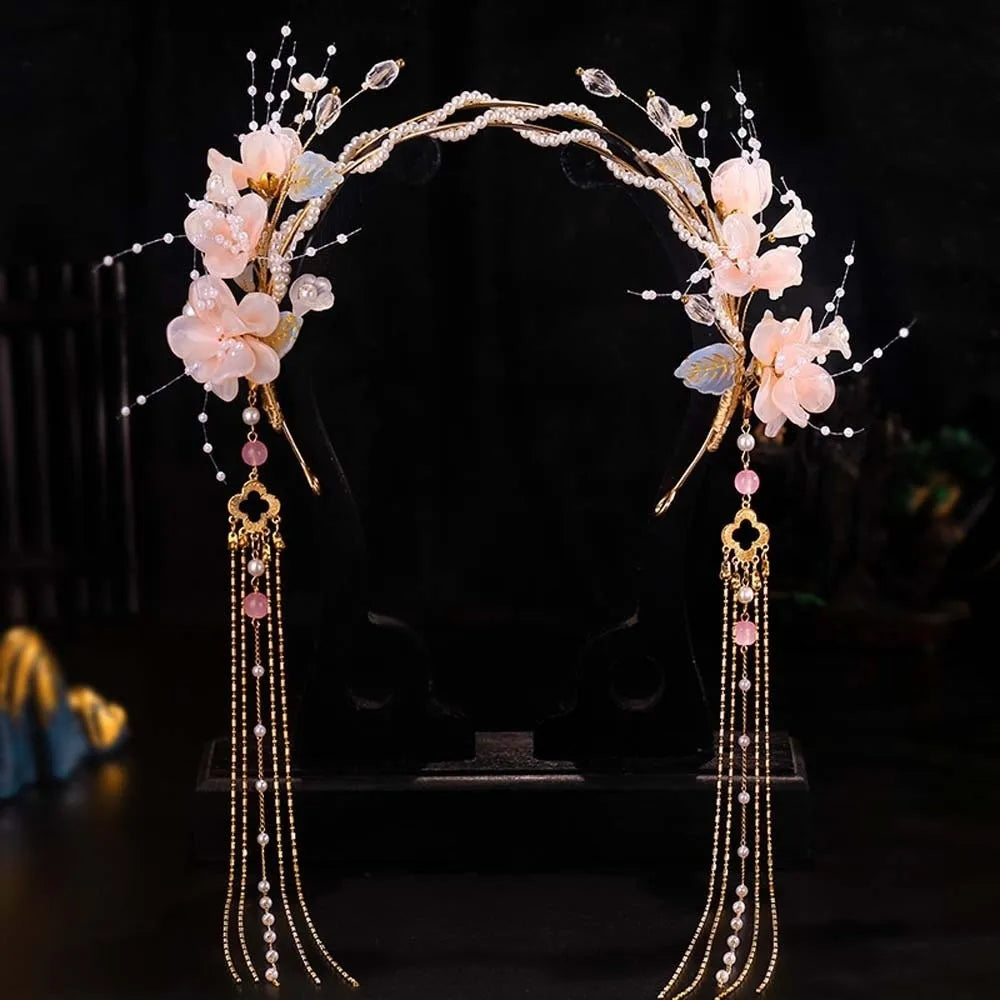 Flower Hanfu Tassel Hair Hoop Beads Crown Chinese Ancient Hairband Double-layer Alloy Swaying Fairy Headwear Hairstyle Tool