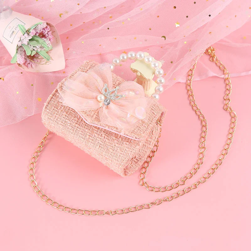 Pink Princess Crown Colorful Bow Children's Bag Fashion Hand-held Pearl Diagonal Girl Cross Body Shoulder Messenger Bags Purse