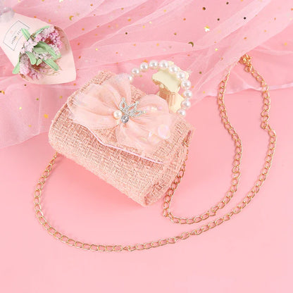 Pink Princess Crown Colorful Bow Children's Bag Fashion Hand-held Pearl Diagonal Girl Cross Body Shoulder Messenger Bags Purse