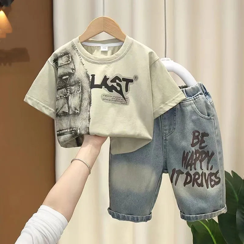 Boys Summer Clothing Set New Handsome Children's Short Sleeved Clothes Trendy Baby T-shirt Jeans Thin Two-piece Set