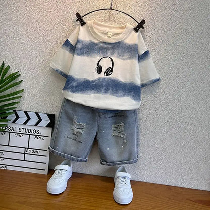 New Boys Sleeveless Vest Denim Shorts 2PC Sets Outdoor Festival Clothing Vintage Print Kids Miracle Design 2-10 Years White Tops