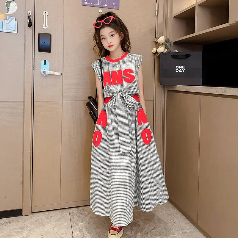 Girls Clothes Summer Kids Fashion Letter Vest + Skirt 2pcs Set Children Clothing Suit Teen Girl Plaid Bowknot Sleeveless Outfits