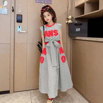 Girls Clothes Summer Kids Fashion Letter Vest + Skirt 2pcs Set Children Clothing Suit Teen Girl Plaid Bowknot Sleeveless Outfits