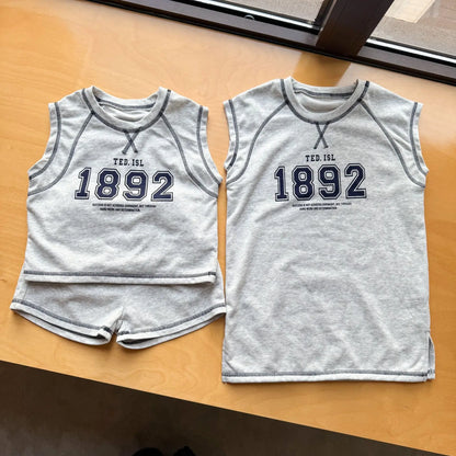Summer New Children Short Sleeve Clothes Set Boys Letter Print T Shirts 2pcs Suit Girls Vest Dress Kids Brother Sisters Set