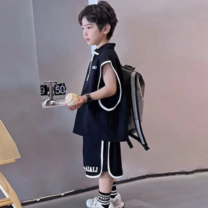 Boys Clothing Set American Style Children Vintage Vest Casual Sport Loose Pullover Sleeveless T-shirt Top Shorts Two-piece Set