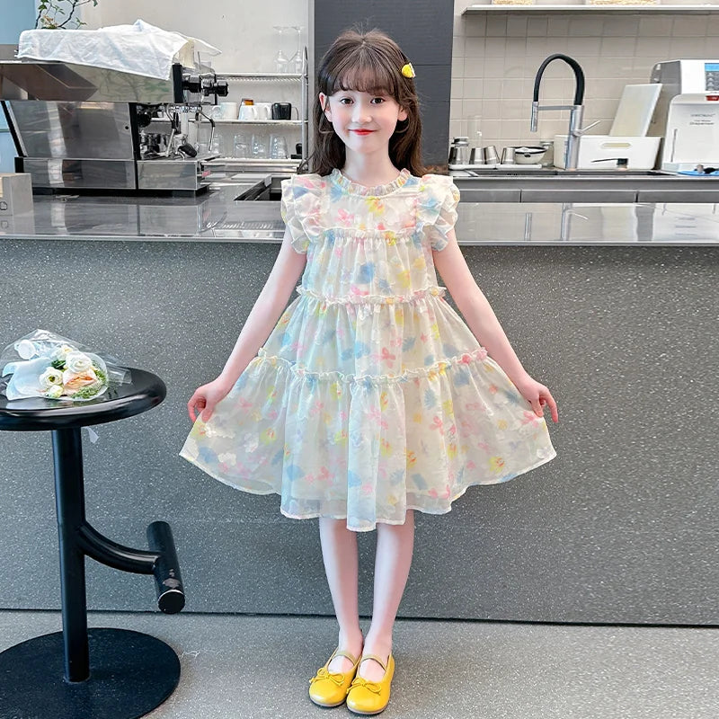 Summer girl's dress new style children's Western style floral chiffon princess dress printed baby's park play skirt