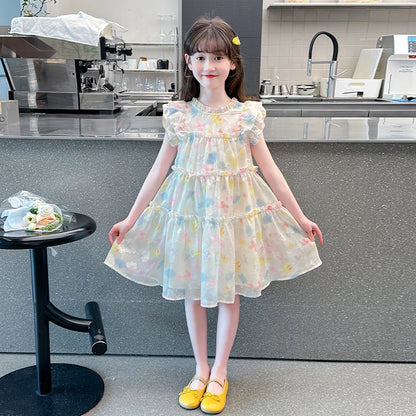 Summer girl's dress new style children's Western style floral chiffon princess dress printed baby's park play skirt