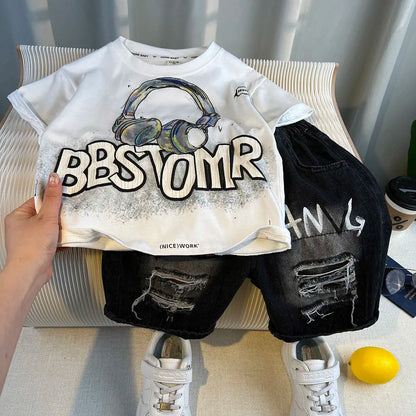 Korean Boys Summer Children's Top and Bottom 2PC Sets Short Sleeve T-Shirt & Denim Shorts Kids Clothes 1-7 Years Black Toddler