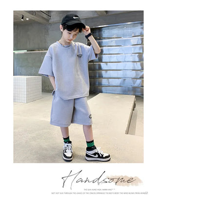 New Teenager Casual Outfits Children Trends Clothes Suits Kids Short Sleeves Tops+Baggy Pants 2Pcs