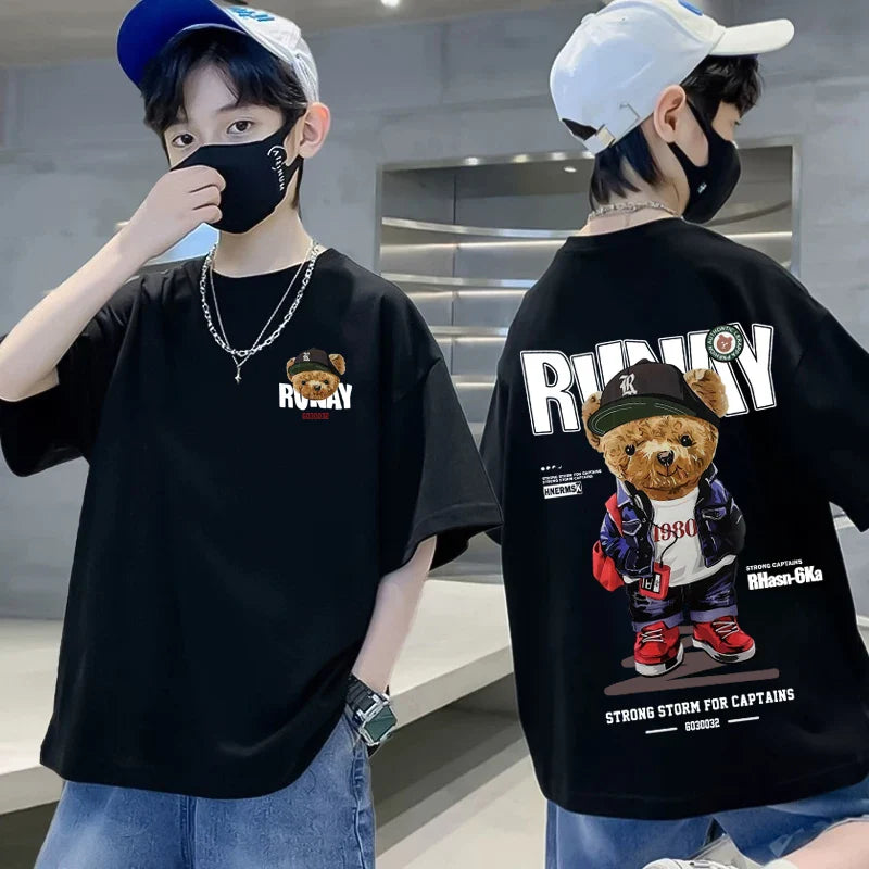 Summer 100% Cotton Boys Blue T-shirt Cool Graffiti Printed Girls Tees Short Sleeve Children Tops High Quality Kids Clothes