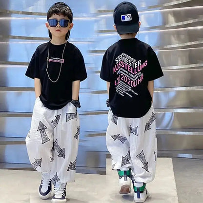 Children's Summer Set Korean Version Boy Hip Hop Loose Short Sleeve T-shirt Casual Mosquito Pants 2-piece Set