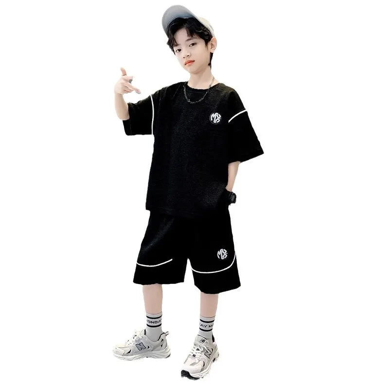 Boys Suit Child set Clothes Short-Sleeved loose black t-shirt + half pants Teenager Tracksuits Kids 8 10 12 year
