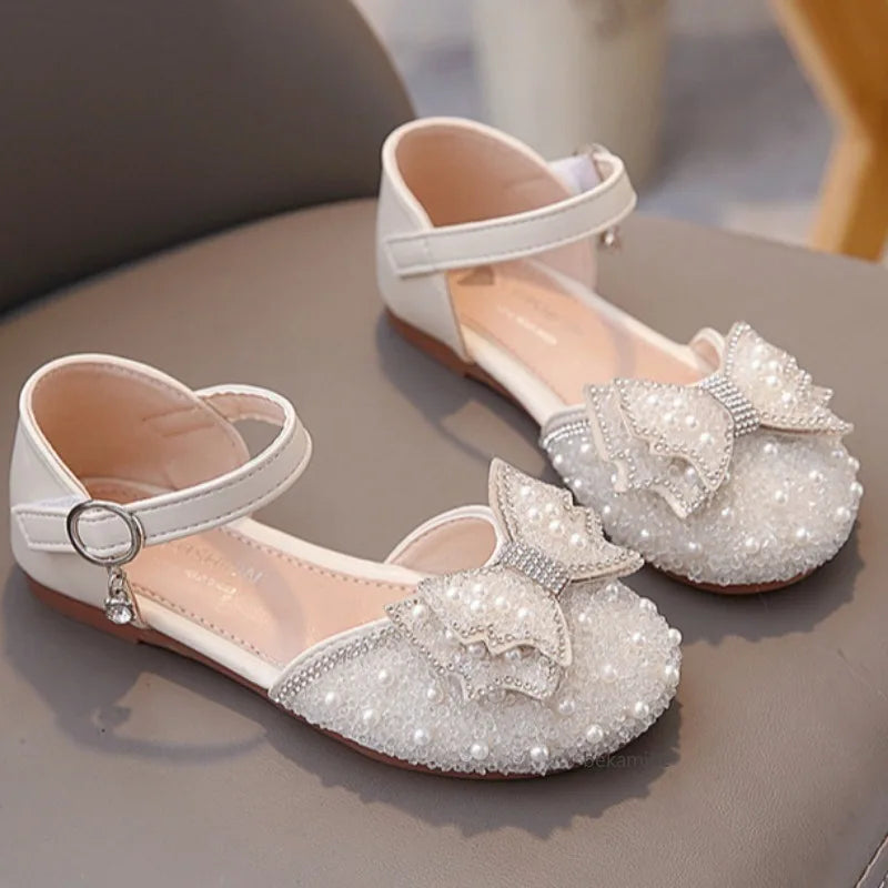 Girls' Princess Shoes Spring And Summer Sandals White Flat Dress Shoes Pearl Decoration For Kids And Teens