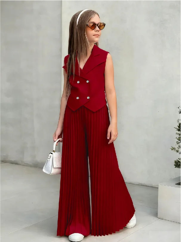 2025 Little Girls 2-Pieces Western-Style Outfit for Girls: Sleeveless Blazer Top+Wide-Leg Pleated Pants