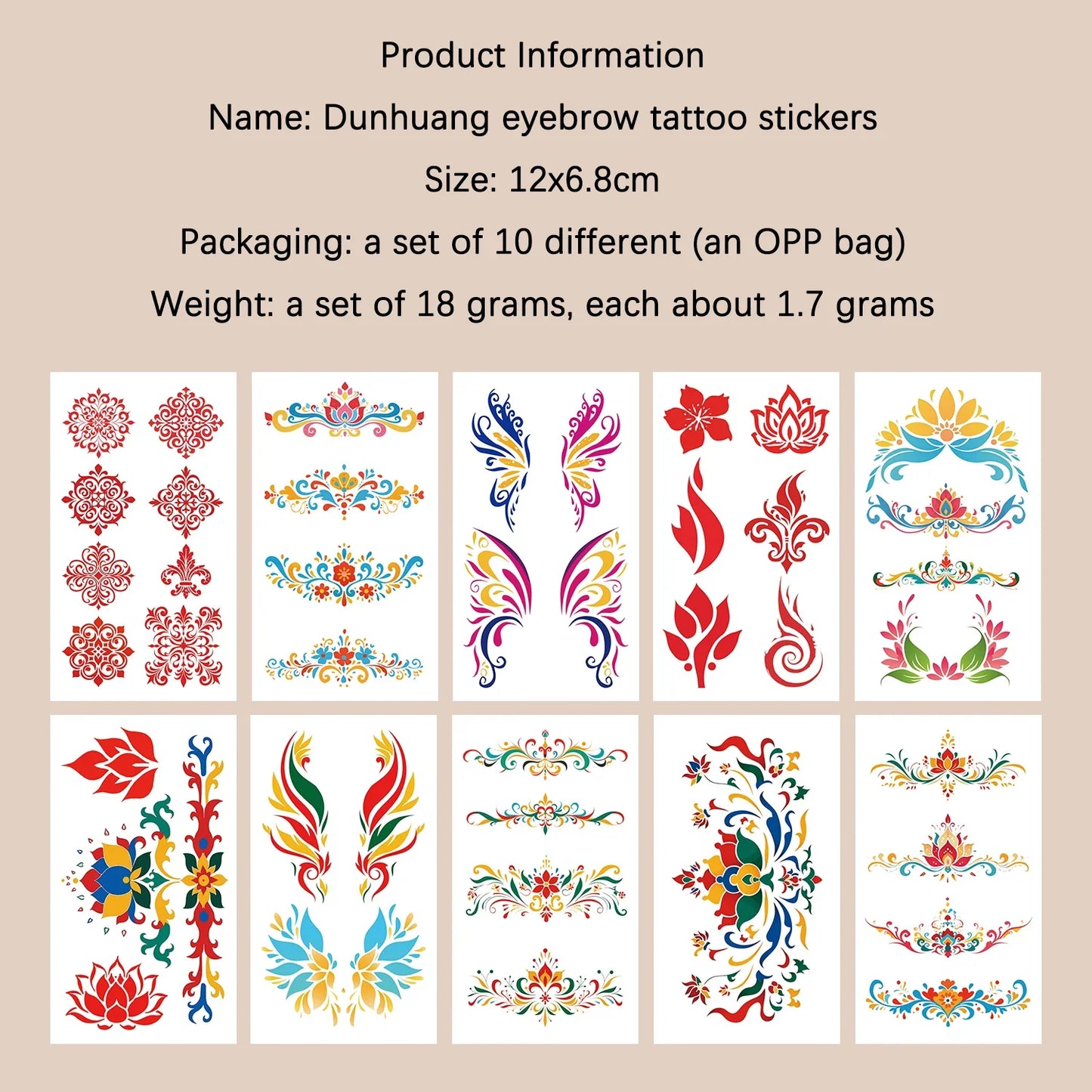10 sheets Dunhuang eyebrow tattoo stickers ancient style Hanfu waterproof performance face forehead printed tattoo stickers