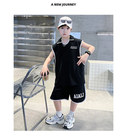 Boys Clothing Set American Style Children Vintage Vest Casual Sport Loose Pullover Sleeveless T-shirt Top Shorts Two-piece Set